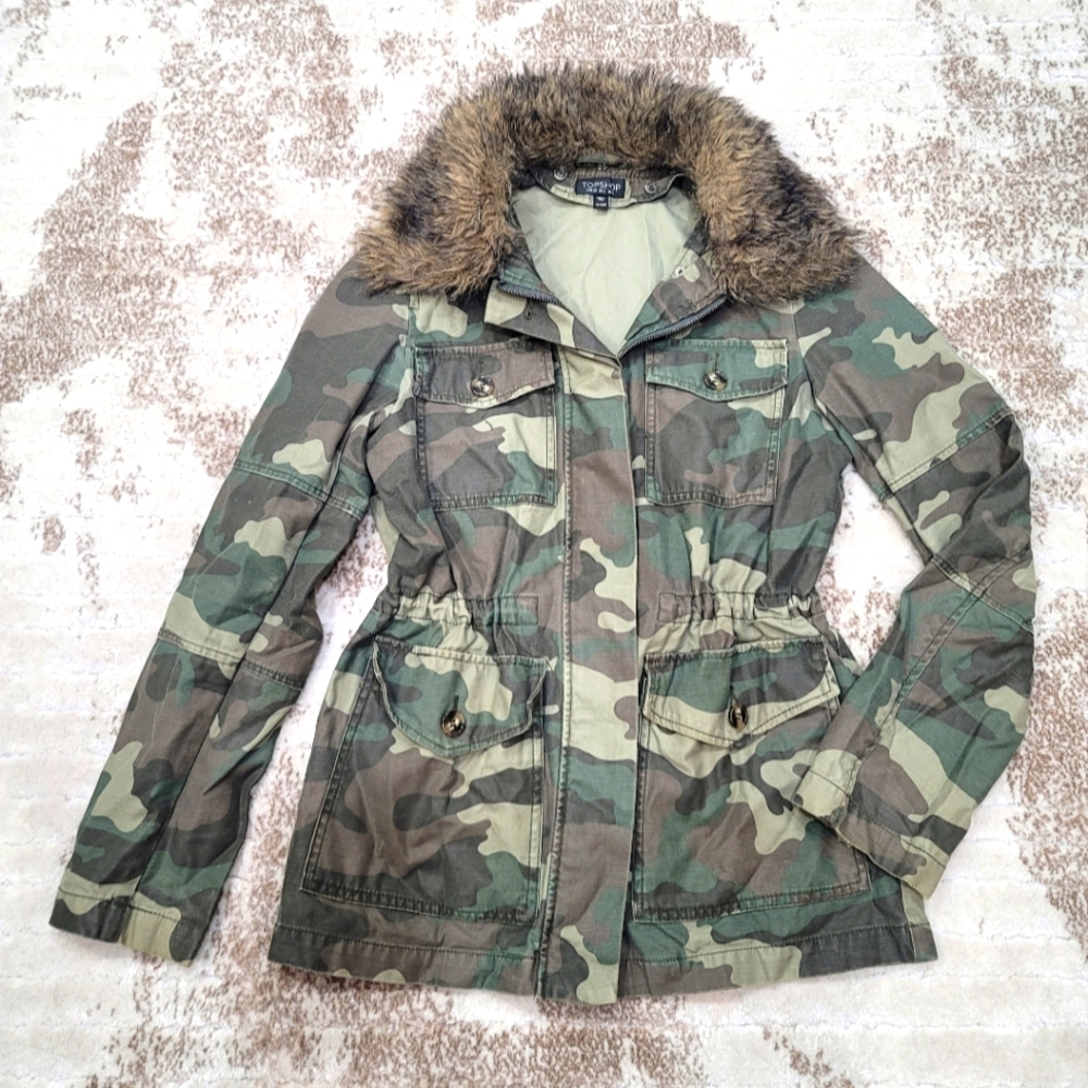 Top Shop Army Jacket with Fuzzy Collar